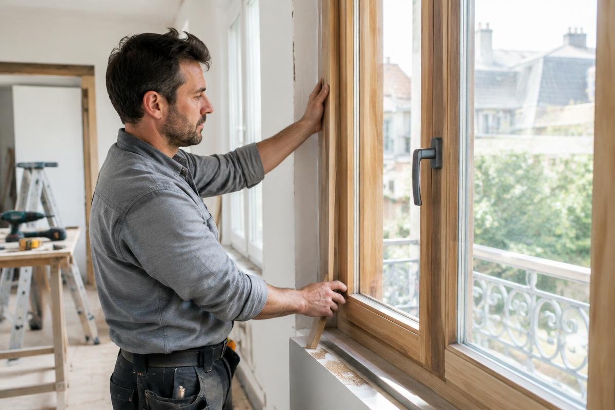 Menuisier ajustant une fenêtre en bois — illustration